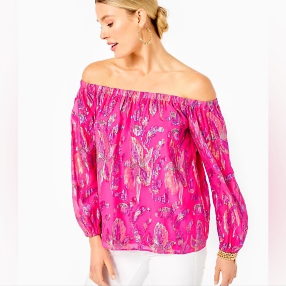 NWOT Lilly Pulitzer Emilee Off Shoulder Silk Top Pink Metallic Rainbow. Size XL